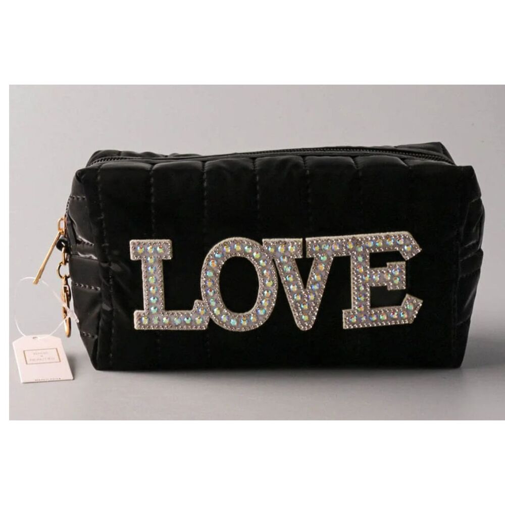 LOVE Quilted Studded Sequin Makeup Bag – Travel Cosmetic Pouch